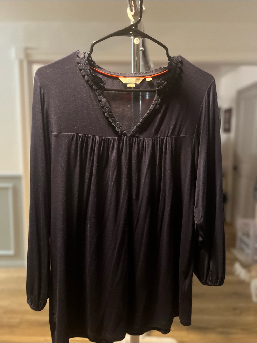 Boden Navy Modal Blend Blouse Pom Accents Sz 8